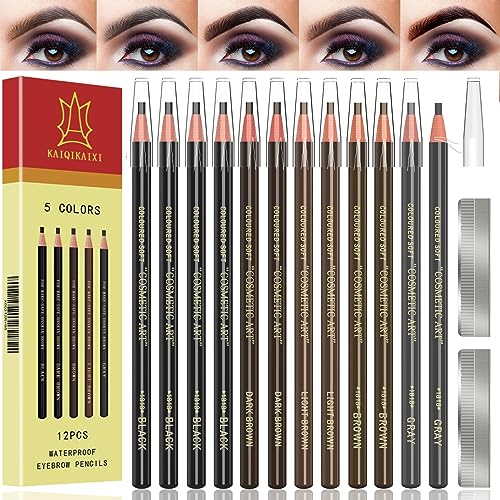 Eyebrow Pencils Brow Pencil Set For Marking, Filling And Outlining, Tattoo Makeup And Microblading Supplies Kit-Permanent Eye Brow Liners In, 12Pcs 5Colors(4Black6Brown2Gray）(Multicolor) - color: Multicolor