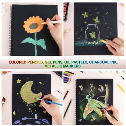 100 Sheets Black Paper Sketchbook(2 Pack), 108 lb/160gsm Heavyweight Black Sketch Pad 9×12in, Acid-Free Drawing Paper, Spiral Bound Sketch Book for Kids, Teens, Artist. - size: 9×12 Inch (2 Pack )