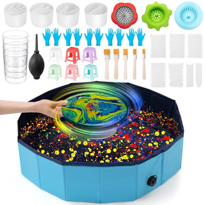 Fuyoooo 1 Set Paint Pouring Supplies 1 Acrylic Paint Pouring Splash Guard 12 Canva Stands 4 Split Cups 3 Painting Strainer 4 Measuring Cups 7 Cleaning Scraper 5 Pairs of Gloves 5 Brush 1 Dust Balloon