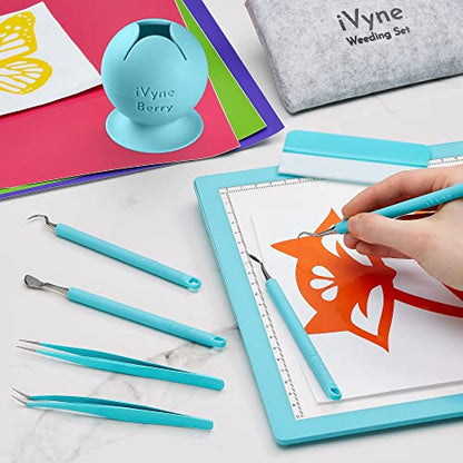iVyne (8pcs) Premium Vinyl Weeding Tool Kit & Weeding Scrap Collector Soft Grip Tools with Berry, Weeder, Tweezers, Picker Or Hook, and Scraper Set for Silhouette Cameos & Cricut - Blue - color: Silicone Tools & Berry Blue