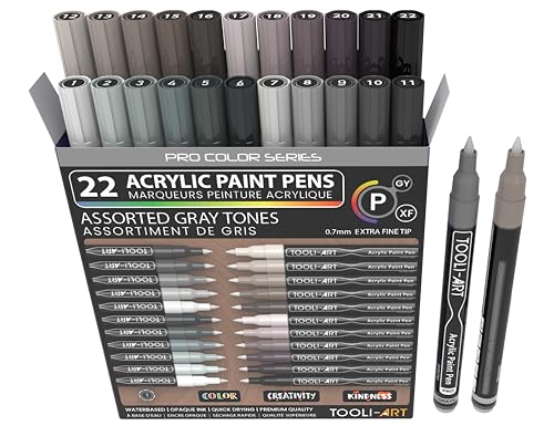 Acrylic Paint Pens 22 Gray Tones Assorted Pro Color Series Markers Set 0.7mm Extra Fine Tip for Rock Painting, Glass, Mugs, Wood, Metal, Canvas, Projects, Non Toxic, Waterbased, Quick Drying - color: GRAY XF