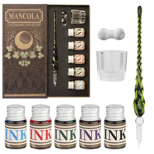 Mancola Glass Dipped Crystal Calligraphy Pen Set with 5 Colorful India Ink, 1 Pen Holder, 1 Cleaning Cup, Ink Drip Tool, Signatures, Drawing, Decoration Kits for Beginners