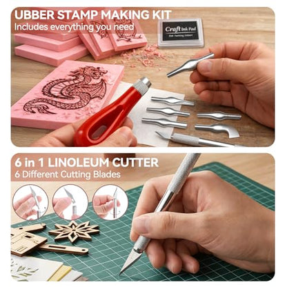 WAYCOM 5-Pack Linoleum Blocks for Printmaking: Linocut kit with Tools & Ink - 4x6 Rubber Carving Blocks - Art Craft Supplies for Beginners & Hobbyists - Gifts for Christmas/Birthday/Art Enthusiast - color: 5 Rubber Blocks + Carving Tool Kit