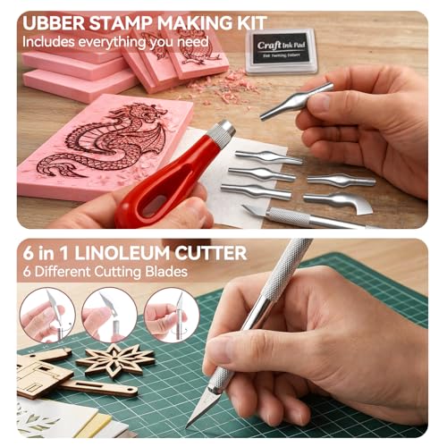 WAYCOM 10-Pack Linoleum Blocks for Printmaking: Linocut kit with Tools & Ink - 4x6 Rubber Carving Blocks - Art Craft Supplies for Beginners & Hobbyists - Gifts for Christmas/Birthday/Art Enthusiast - color: 10 Rubber Blocks + Carving Tool Kit