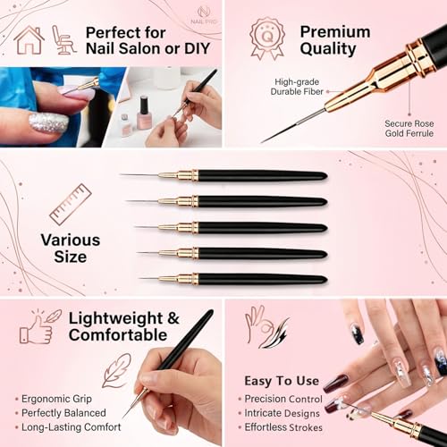 5PCS Metallic Nail Art Liner Brushes Set, Fine Painting Nail Brushes for UV Gel Polish, Detail Drawing & Long Line Design, Nail Art Tools Sizes 5/8/12/20/25mm