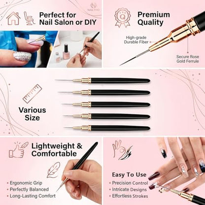 5PCS Metallic Nail Art Liner Brushes Set, Fine Painting Nail Brushes for UV Gel Polish, Detail Drawing & Long Line Design, Nail Art Tools Sizes 5/8/12/20/25mm