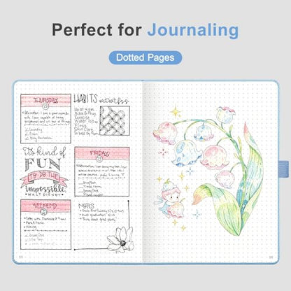 AHGXG Dotted Journal Notebook, 160 Numbered Pages, A5 Medium Size (5.7'' x 8.3''), 120 GSM Thick Paper, Leather Hardcover, for Journaling, Planning, Tracking (Light Blue) - color: Light Blue, style: Dotted