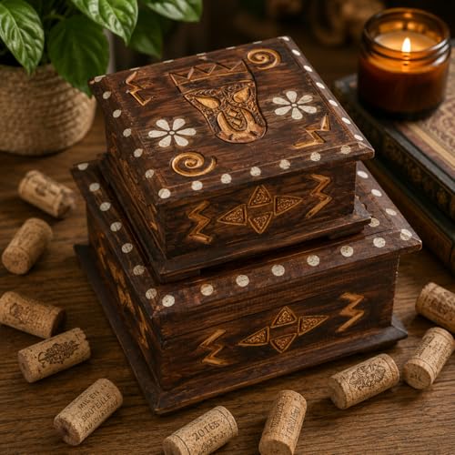 Hand-Carved Wooden Keepsake Box Collection – Decorative Rustic Storage Box, Jewelry Box, Trinket Organizer, Handmade Artisan Wood Home Décor (Box Med & Sm (Set of 2)) - size: Box Med & Sm (Set of 2)