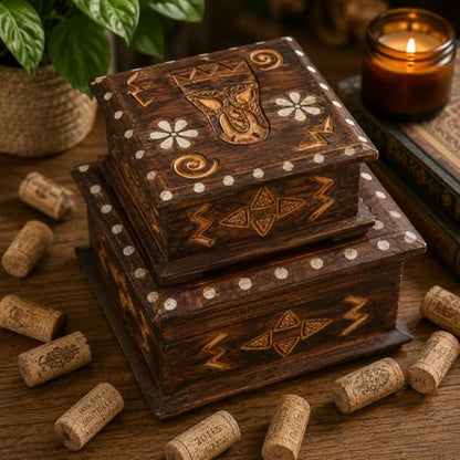 Hand-Carved Wooden Keepsake Box Collection – Decorative Rustic Storage Box, Jewelry Box, Trinket Organizer, Handmade Artisan Wood Home Décor (Box Med & Sm (Set of 2)) - size: Box Med & Sm (Set of 2)