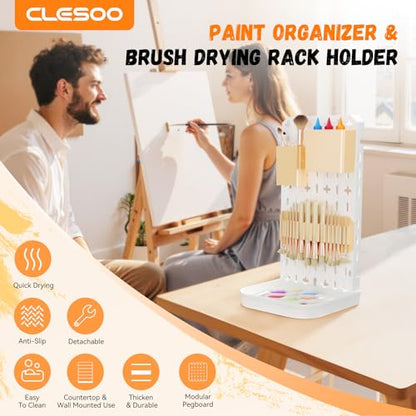 Paint Brush Holder with Drip Tray & Silicone Paint Brush Drying Rack,2 Removable Pegboard Bins for Artist Brush Holder,Paint Brush Stand White Pegboard for Desktop & Wall-Mount for Acrylic Paint Brush