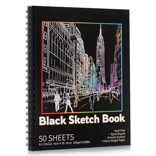 50 Sheets Black Paper Sketchbook, 108 lb/160gsm Heavyweight Black Sketch Pad 9×12in, Acid-Free Drawing Paper, Spiral Bound Sketch Book for Kids, Teens, Artist - size: 9×12 Inch (1 Pack )