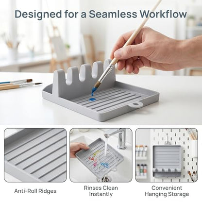 2 Pack Washable Brush Holders with 4 Slots - Artist Brush Organizer & Drying Rack for Watercolor, Acrylic, Oil Painting Brushes, Tabletop Studio Caddy （Gray） - color: Gray