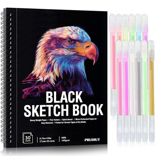 30 Sheets Black Paper Sketchbook with 12 Color Gel Pen Set, 98lb/160gsm Heavyweight Black Sketch Pad 6.7×10in, Acid-Free Drawing Paper, Spiral Bound Sketch Book for Teens, Artist - size: 6.7×10in Set