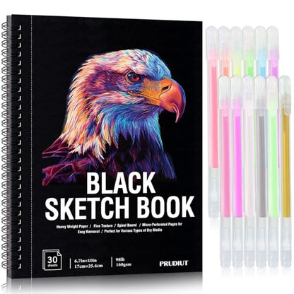 30 Sheets Black Paper Sketchbook with 12 Color Gel Pen Set, 98lb/160gsm Heavyweight Black Sketch Pad 6.7×10in, Acid-Free Drawing Paper, Spiral Bound Sketch Book for Teens, Artist - size: 6.7×10in Set