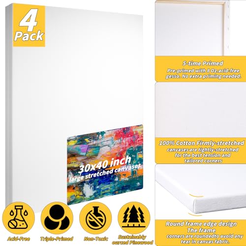 Pre Stretched Canvases for Painting 30x40 4 Pack Large Blank Canvas Boards for Acrylic Pouring and Oil Painting, 100% Cotton, 5-Time Gesso Primed - style: 30x40In-4 Pack
