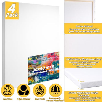 Pre Stretched Canvases for Painting 30x40 4 Pack Large Blank Canvas Boards for Acrylic Pouring and Oil Painting, 100% Cotton, 5-Time Gesso Primed - style: 30x40In-4 Pack