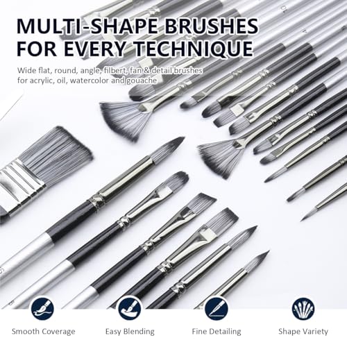24Pcs Multi-Shape Paint Brushes Set for Acrylic, Oil, Watercolor & Gouache with Palette Knife and Waterproof Canvas Roll, Synthetic Bristles Art Supplies for Artists & Beginners