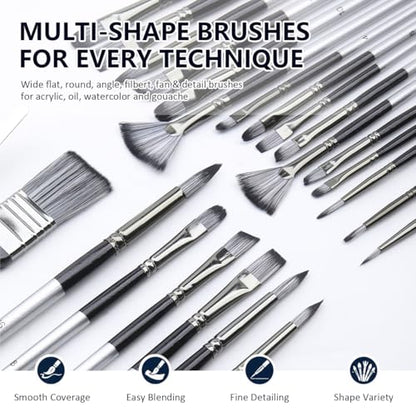 24Pcs Multi-Shape Paint Brushes Set for Acrylic, Oil, Watercolor & Gouache with Palette Knife and Waterproof Canvas Roll, Synthetic Bristles Art Supplies for Artists & Beginners