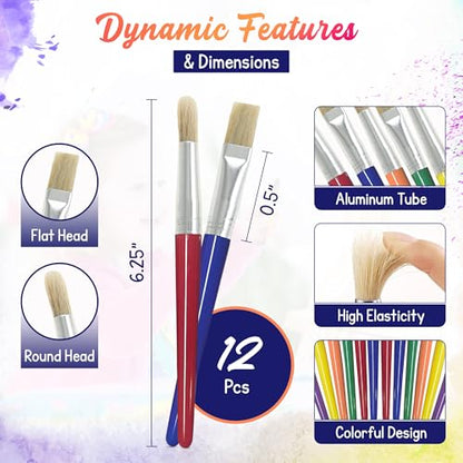 4E's Novelty 12Pcs Kids Paint Brushes, Thick Round & Flat Paint Tools for Kids Arts & Crafts, Preschool Toddler Paint Brush for Acrylic Paint, Teachers Classroom Supplies