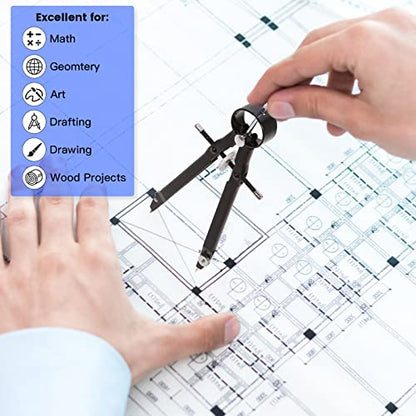 2pcs Compass for Geometry, Professional Drawing Compass,Metal Compass, Circle Compass Drawing Tool for Geometry, Math, Drafting, Drawing, Measuring, School & Office Supplies by CUALORK