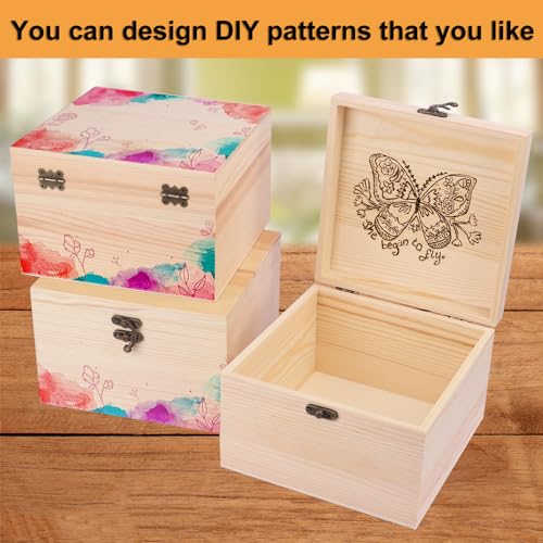 GNIEMCKIN 4 Pack Wooden Box, Unfinished Unpainted Wood Boxes for Crafts, DIY Projects, and Jewelry Storage (7.9x7.9x3.15 inch) - size: 4 Pack (7.9x7.9x3.15 inch)