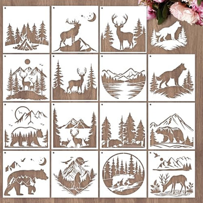 Sitsink Forest Stencils for Painting - 14 Pcs Stencils for Painting on Wood Wall Door Mat Canvas Bag, Wild Animal Deer Bear Reusable DIY Crafts Template Home Decor - style: forest deer