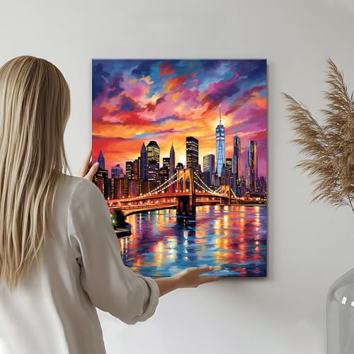 TUMOVO Paint by Numbers for Adults Colorful Cityscape Adults' Paint by Number Kits Brooklyn Bridge Sunset Landscape Art Painting Kits with Brushes Oil Painting Art Crafts 16x20 in - color: Artwork-08