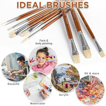 DUGATO Short Handle Artist Paint Brush Set, 10-Piece Hog Hair Bristle | Strong Paint Pickup for Acrylic & Oil Painting, Comfortable Wood Handle, Kids & Adults - color: Brown