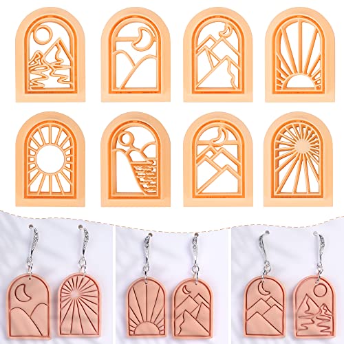 Puocaon Boho Landscape Clay Cutters - 8 Shapes Clay Cutters for Polymer Clay Jewelry Making, Sun Ray Polymer Clay Cutters for Earrings, Arch Clay Cutters Boho Mountain Scene Earrings Making Set - color: arch frame