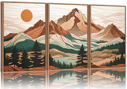 Tinonedraw Large Mountain Framed Canvas Wall Art Set of 3, Boho Nature Forest Wall Decor, Neutral Wooden Pine Trees Artwork, Sunrise Ridge Landscape Art Printing for Living Room Bedroom Office 24"x36" - color: Sunrise Forest Woodland Landscape, size: 36L"