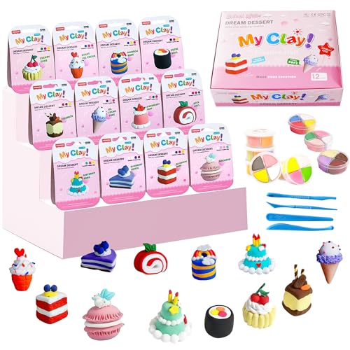 Air Dry Clay Kit for Kids, 12 Pcs Dessert Theme Modeling Clay Set with Tools & Tutorials, Non-Toxic Soft Polymer Clay Alternative,for DIY Craft Gift for Boys Girls - color: pink