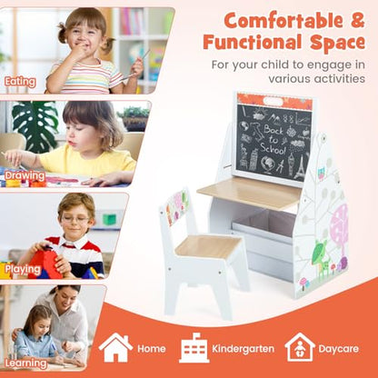 HONEY JOY Kids Art Easel, Wooden Double-Sided Toddler Table & Chair Set w/Adjustable Magnetic White Board & Chalkboard, Bookshelf & Storage Bin, Arts & Crafts, Kids Art Table for Boys Girls (White) - color: White