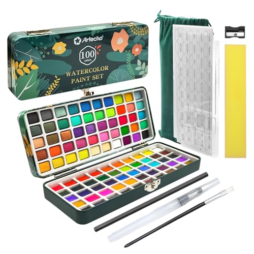 Artecho Watercolor Paint Set 100 Colors with Metallic in Portable Box, Paint Kit with Watercolor Papers and Brushes, Water Color Set for Beginners & Professionals - style: 100 Colors