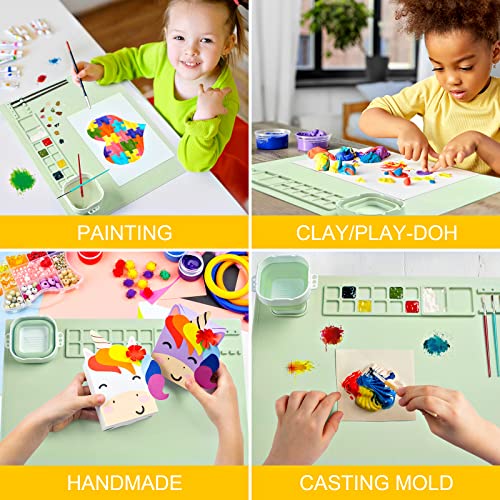 Silicone Painting Mat, Silicone Art Mat with Cup, Silicone Craft Mat with Paint Brush Cleaner Tool, Silicone Artist Mat for Kids Gift Painting Clay DIY Creations, Christmas Gift (Green) - color: Green