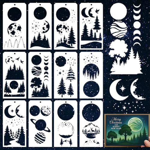 12 Sheets Overlay Forest Moon Stencils for Painting, 12 Styles Layered Moon Designs Drawing Templates Reusable Art Stencil for Painting on Wall Wood Home Decor - style: Forest Moon