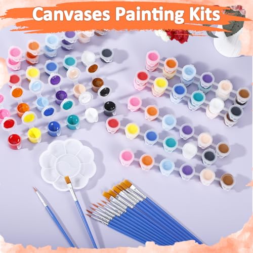 24 Set Canvas and Easel for Painting, 24Pcs 6x6In Canvas Boards and Easel, 24Pcs 12 Colors Acrylic Paint Strips,48 Brushes,24 Palettes, Washable Acrylic Set for Crafts Painting Party Favors