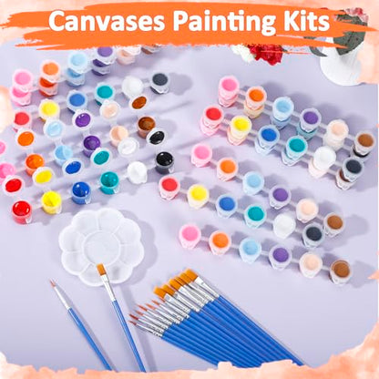 24 Set Canvas and Easel for Painting, 24Pcs 6x6In Canvas Boards and Easel, 24Pcs 12 Colors Acrylic Paint Strips,48 Brushes,24 Palettes, Washable Acrylic Set for Crafts Painting Party Favors