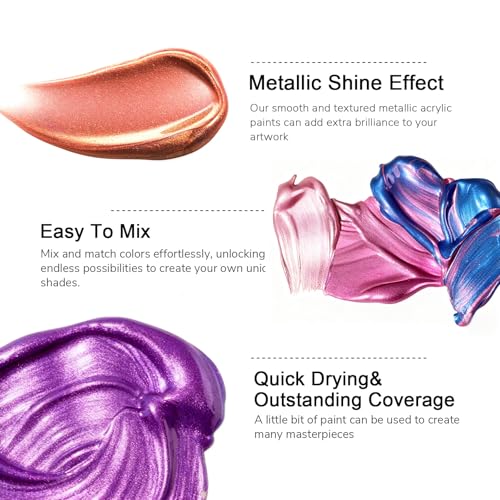 ABEIER Metallic Acrylic Paint, Set of 24 Metallic Colors in 2oz/60ml Bottle, Rich Pigments, Non Fading, Non Toxic Paints for Artist, Beginners & Kids Painting on Rocks Crafts Canvas Wood, Fabric&Stone - style: Metallic Colors