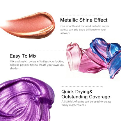 ABEIER Metallic Acrylic Paint, Set of 24 Metallic Colors in 2oz/60ml Bottle, Rich Pigments, Non Fading, Non Toxic Paints for Artist, Beginners & Kids Painting on Rocks Crafts Canvas Wood, Fabric&Stone - style: Metallic Colors
