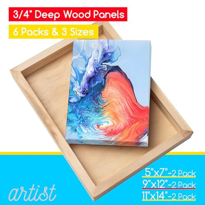 MEEDEN Unfinished Wood Canvas Kit: 3/4" Deep 5x7 8x8 11x14 Wooden Canvas Panel - 6 Pcs of Cradled Wood Art Boards for Pouring Art, Crafts, Painting - size: 5x7 9x12 11x14 - 6 Pack
