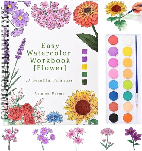 Watercolor Workbook for Beginner,15 Flower Patterns of Original DIY Designs,16 Colors Watercolor Paint Set with Brush Palette,Beginner-Friendly Water Color Workbooks,Water Coloring Book for Adults - color: Flower with Palette