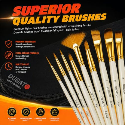 DUGATO Paint Brush Set 15 pc with Pop-Up Case, Palette Knife & Sponges | Short Handle Brushes for Oil, Acrylic, Gouache, Watercolor, Model & Craft, Includes Mixing Knife & Sponge - color: Premium Bristle - 15pcs