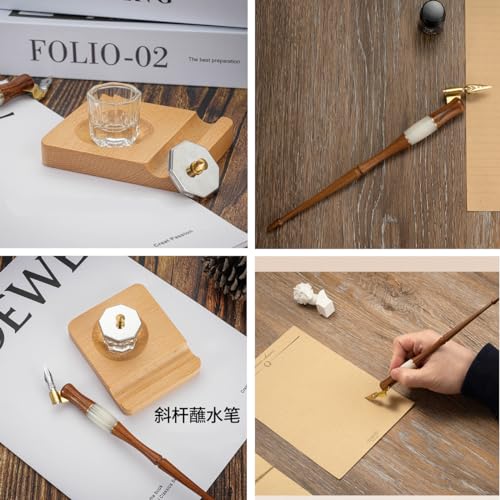 Calligraphy Dip Pen Set Wood English Calligraphy Oblique Nib Holder With Desktop Pen Holder,Ink Bottle Container and 15 Nibs Kit - Brown - color: Brown