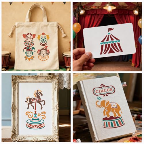 12 Sheets Adventure Circus Stencils for Painting, 12 Styles Plastic Joker Carousel Horse Drawing Template Circus Carnival Art Templates for Painting on Wall Wood Home Decor - style: Adventure Circus