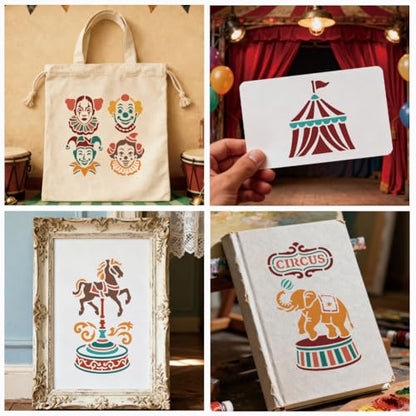 12 Sheets Adventure Circus Stencils for Painting, 12 Styles Plastic Joker Carousel Horse Drawing Template Circus Carnival Art Templates for Painting on Wall Wood Home Decor - style: Adventure Circus