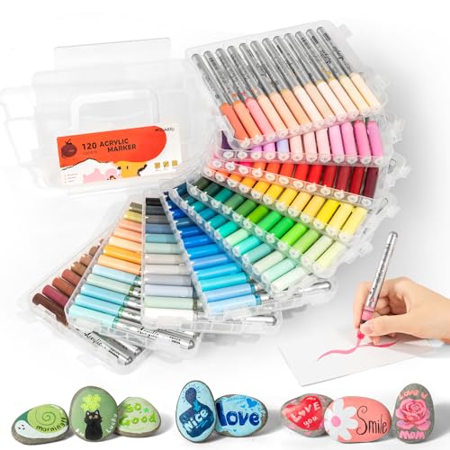 Woomer Acrylic Paint Markers 120 Colors Auto Flow Brush Pens | Lightweight, Good-Coverage Acrylic Ink for Smooth Layers + Easy Corrections with Less Buildup, Water-based Dries Waterproof - color: 120 Colors