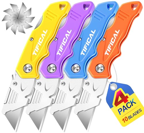 Box Cutter, Quick Change Folding Box Cutter with Clip, Folding Utility Knife Set, Extra 10 SK5 Razor Knife Blades, Pocket Box Opener Cutter for Cardboard, Drywall, Rope, Linoleum, Packages - size: 4 Pack+10 Blades