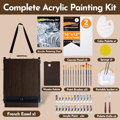 CONDA 70” Art Set with French Easel of Aluminum Legs, Folding Sketch Painting Easel with Drawer, Tripod Easel Stand for Painting, Sketching, Display - color: Upgraded Version-Brown