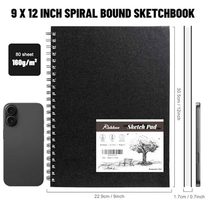 KAKKUE 9" x 12" Hardcover Sketch Book, 160gsm/80 Sheets Thick Sketch Paper Pad for Drawing & Illustration, Spiral Bound Mixed Media Art Sketchbook, Acid-Free Perforated for Artists, Beginners & Kids - size: 9*12 inch