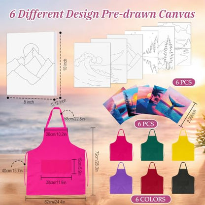 Cholemy 6 Set Paint and Sip Kit for Adults 8"x 10" Pre Drawn Canvas Painting with Wooden Easel Acrylic Paint Wash Cup Brushes Palette Apron for Painting DIY Adult's Date Party Supplies(Sunset Glow) - style: Sunset Glow